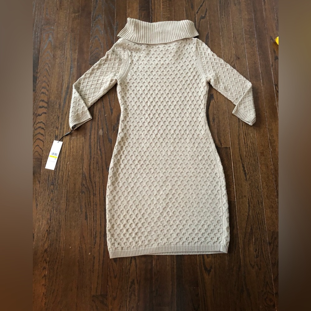 *NWT* Calvin Klein Women’s M Dark Tan Knit 3/4 Sleeves Cowl Neck Sweater Dress - Picture 10 of 14